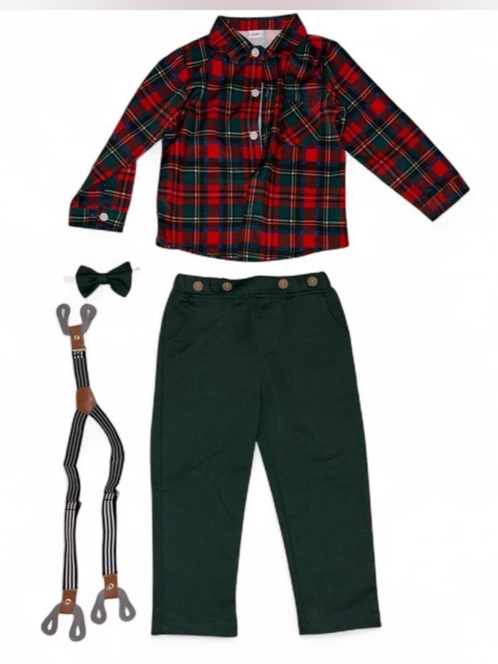Boys Red Green Plaid Shirt with Dark Green Pants & Bow Tie